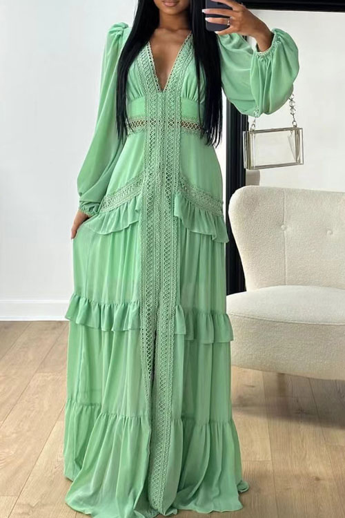 Kathiadress Elegant patchwork long sleeve V-neck dress