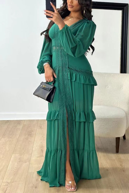 Kathiadress Elegant patchwork long sleeve V-neck dress