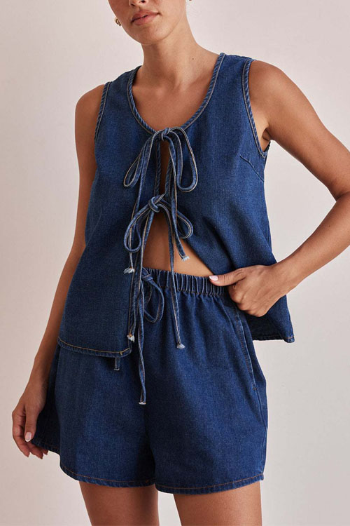 Kathiadress Casual Lace-up High Waist Shorts Vest Denim Suit