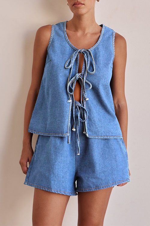Kathiadress Casual Lace-up High Waist Shorts Vest Denim Suit