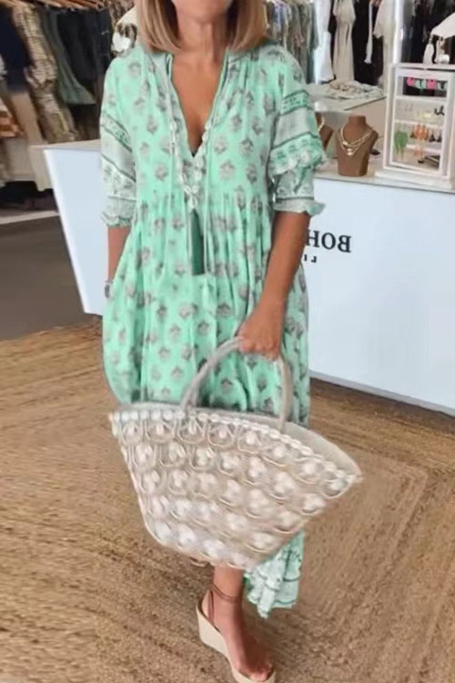 Kathiadress Bohemian V-neck lantern sleeve dress