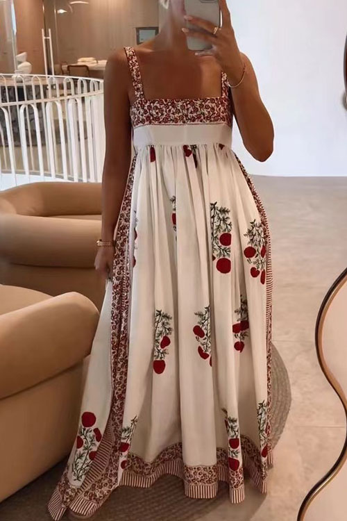 Kathiadress High waist wide swing printed suspender dress