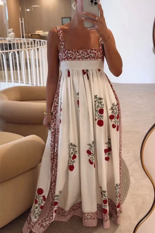 Kathiadress High waist wide swing printed suspender dress