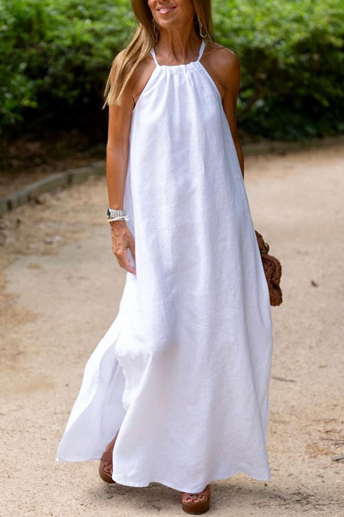 Kathiadress Halter neck slit cotton and linen casual holiday dress
