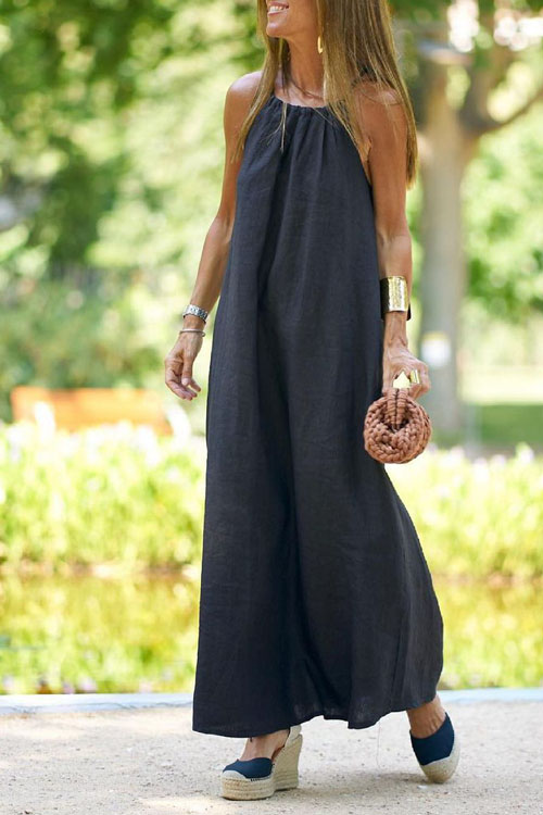 Kathiadress Halter neck slit cotton and linen casual holiday dress