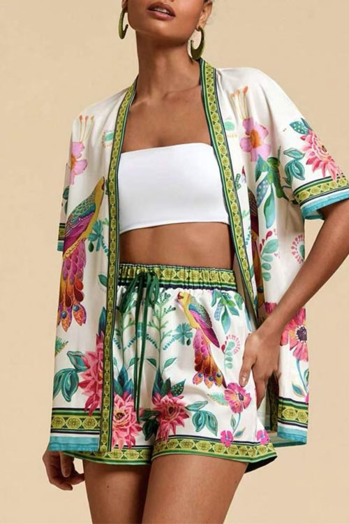 Kathiadress Casual Printed Cardigan Short Sleeve Shorts Set