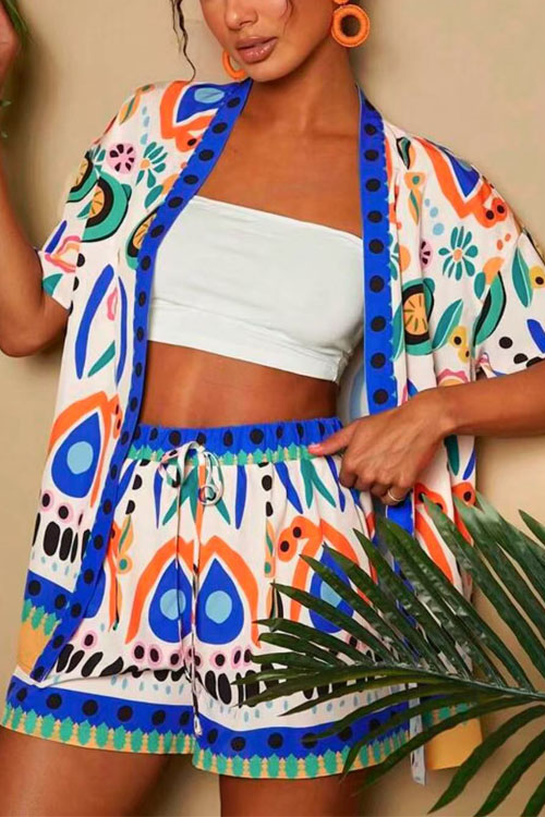 Kathiadress Casual Printed Cardigan Short Sleeve Shorts Set