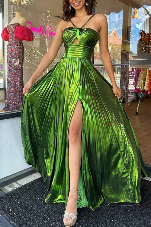 Kathiadress Slit gold foil halter dress