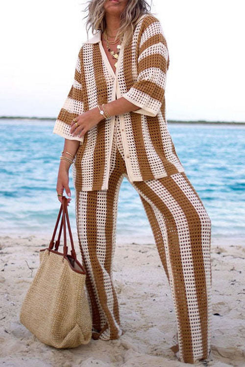 Kathiadress V-Neck Hollow Striped Shirt & Knitted Wide-Leg Pants Set