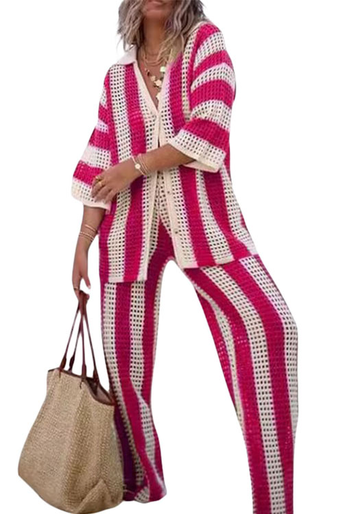 Kathiadress V-Neck Hollow Striped Shirt & Knitted Wide-Leg Pants Set