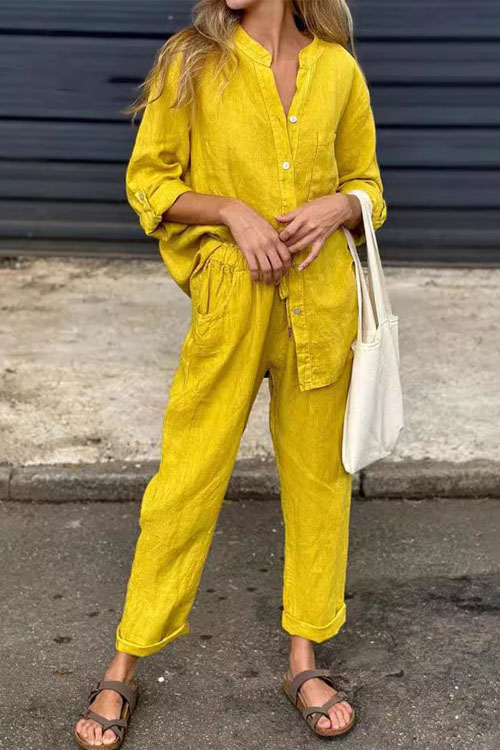 Kathiadress Cotton Linen Shirt & High-Waisted Loose Pants Set