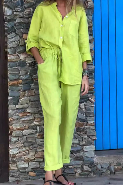 Kathiadress Cotton Linen Shirt & High-Waisted Loose Pants Set