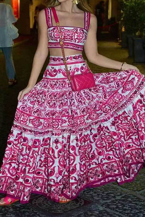 Kathiadress Elegant Printed Two-Piece Flared Dress