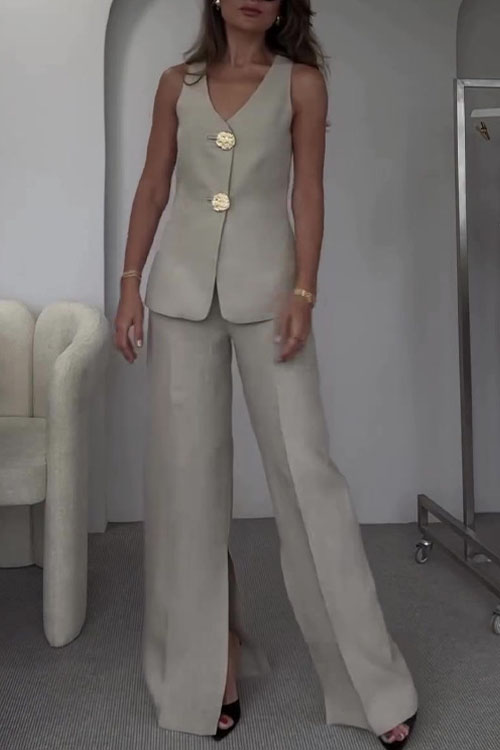 Kathiadress Solid Color Sleeveless Slim-Fit Vest Suit & Pants Set