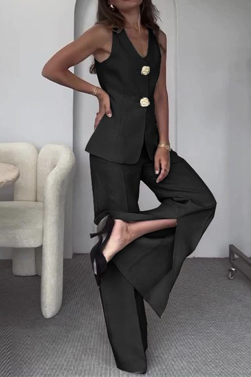 Kathiadress Solid Color Sleeveless Slim-Fit Vest Suit & Pants Set