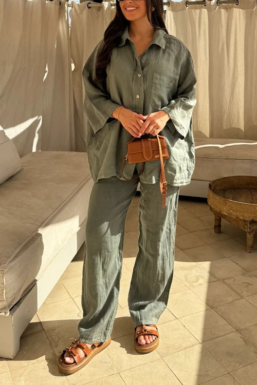 Kathiadress Cotton and Linen Fashionable Shirt Two-Piece Set