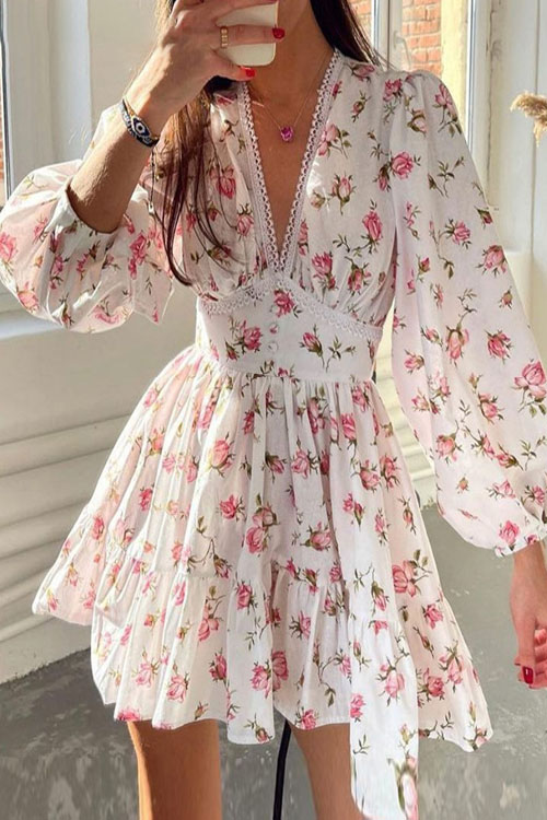 Kathiadress Sweet Floral Printed V-Neck Lace Long Sleeve Dress