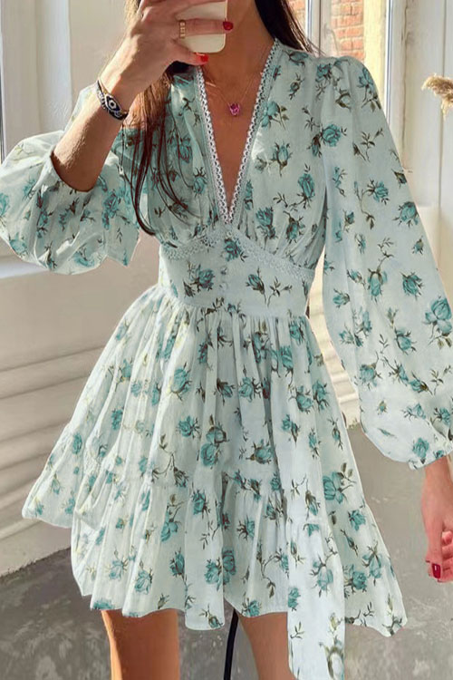 Kathiadress Sweet Floral Printed V-Neck Lace Long Sleeve Dress