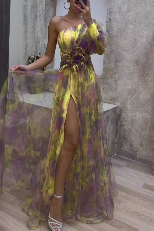 Kathiadress One-Shoulder Long Sleeve Floral Chiffon Dress
