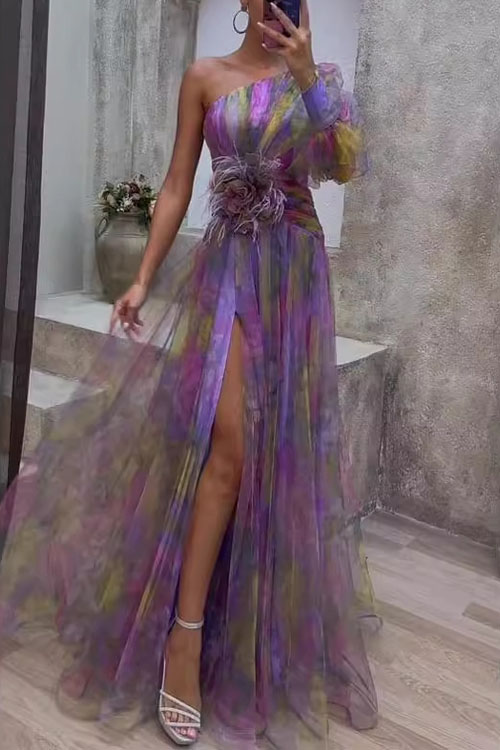 Kathiadress One-Shoulder Long Sleeve Floral Chiffon Dress