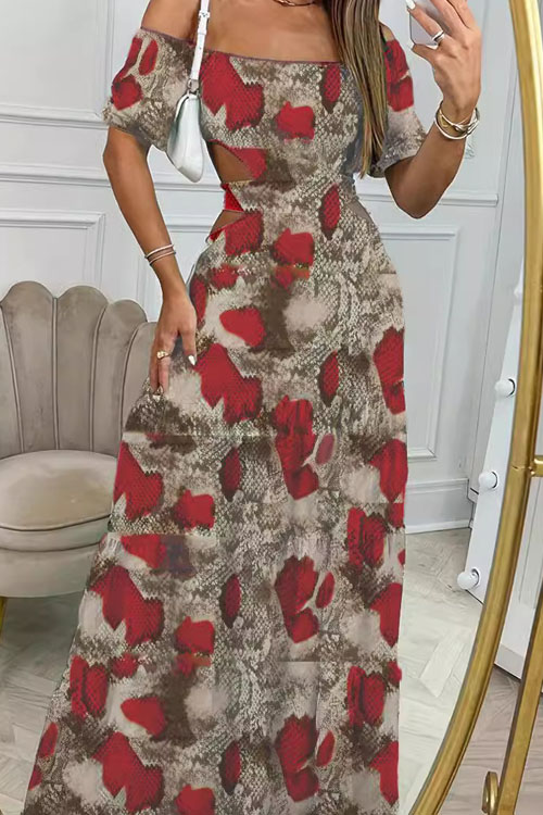 Kathiadress Printed Off-shoulder Elastic Waist Vacation Dress