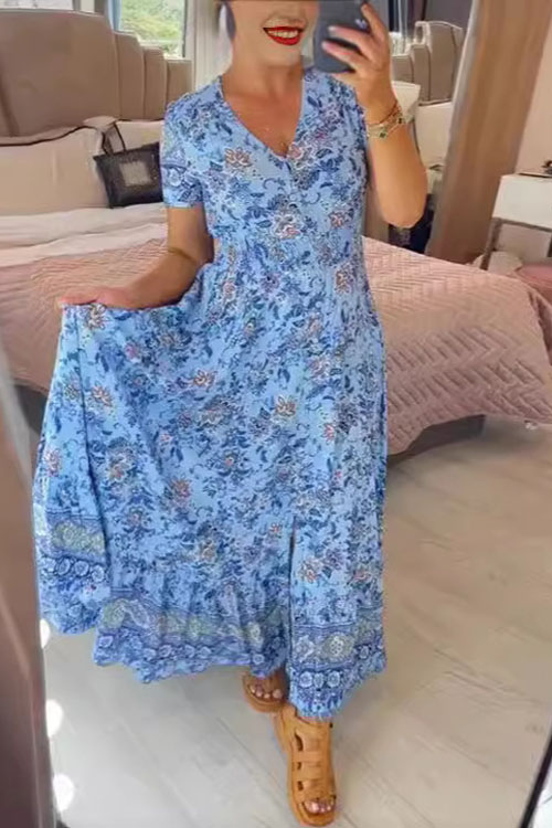 Kathiadress V-Neck Printed Beach-Style Dress