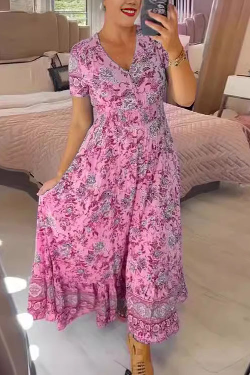 Kathiadress V-Neck Printed Beach-Style Dress