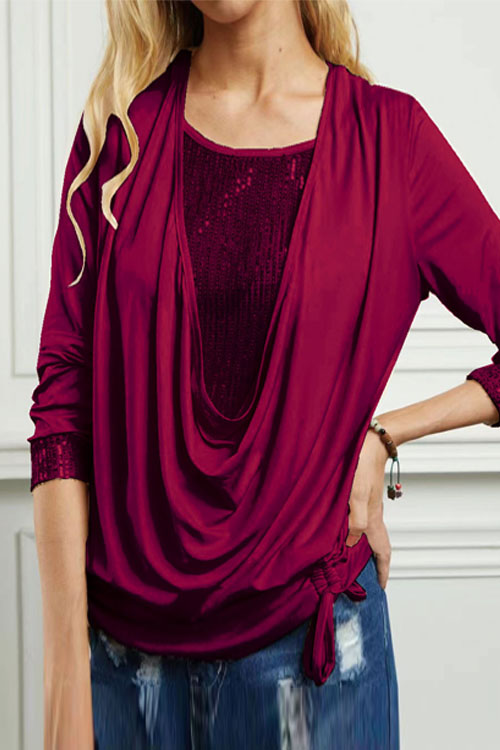 Kathiadress Loose Gathered Faux Draped Neckline Two-piece Top 