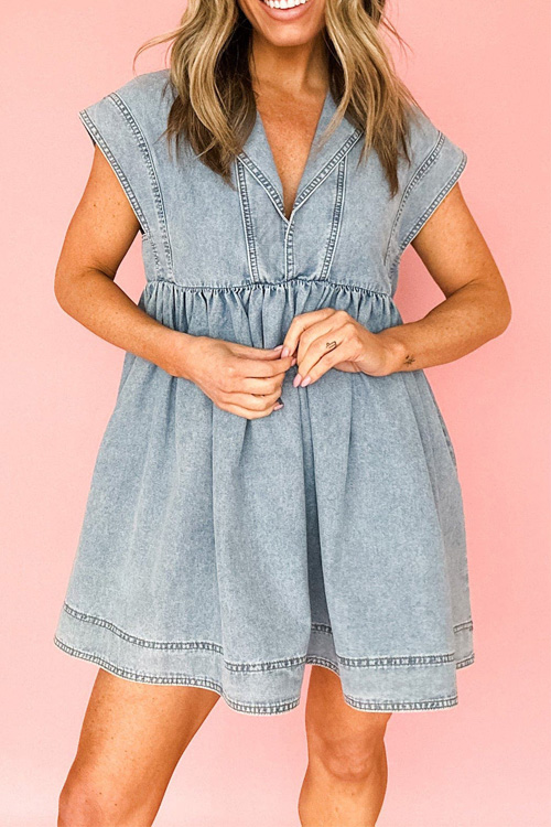 Kathiadress Denim Cotton Distressed V-Neck Ruffle Hem Short Sleeve Dress