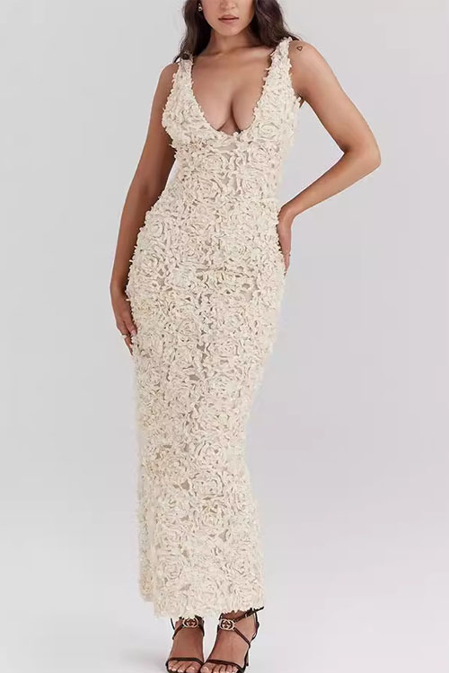 Kathiadress White Rose Slit Vacation Dress