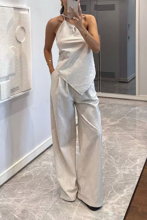 Kathiadress One-shoulder strap irregular striped top and trousers two-piece set