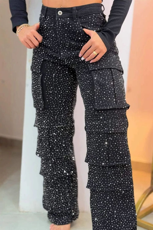 Kathiadress Spliced polka dot multi-pocket brick-inlaid shiny work pants