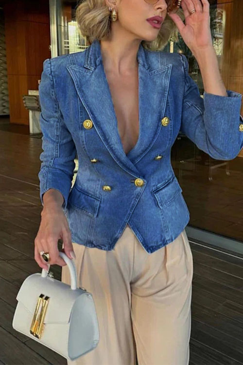 Kathiadress Denim double-breasted slim-fit  jacket