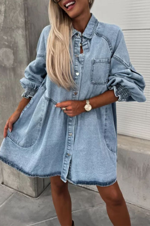 Kathiadress Shirt Button Denim Long Sleeve Dress
