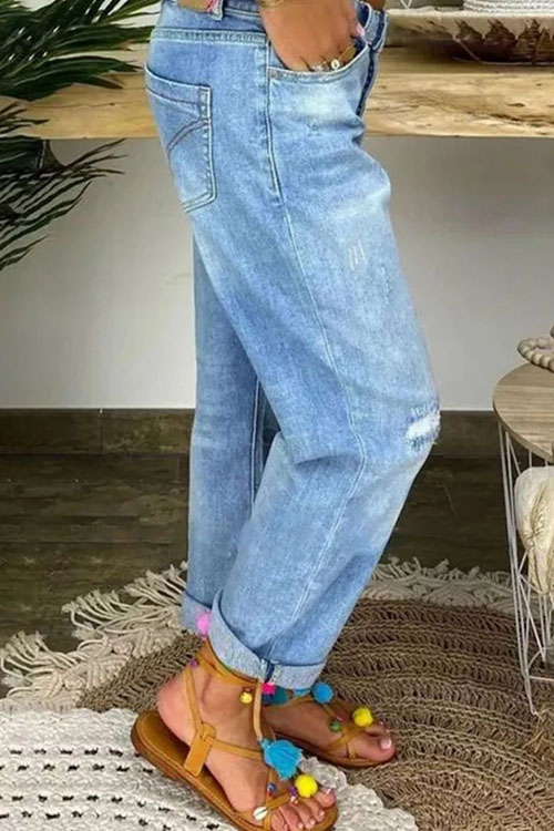 Kathiadress Ripped loose straight-leg casual jeans