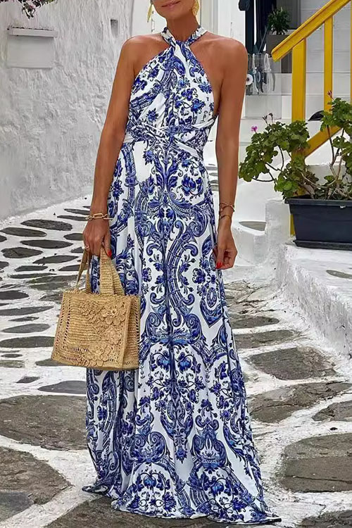 Kathiadress Blue and White Porcelain Halter Tie Dress