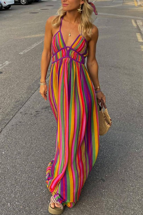 Kathiadress Rainbow Striped V-neck Dress