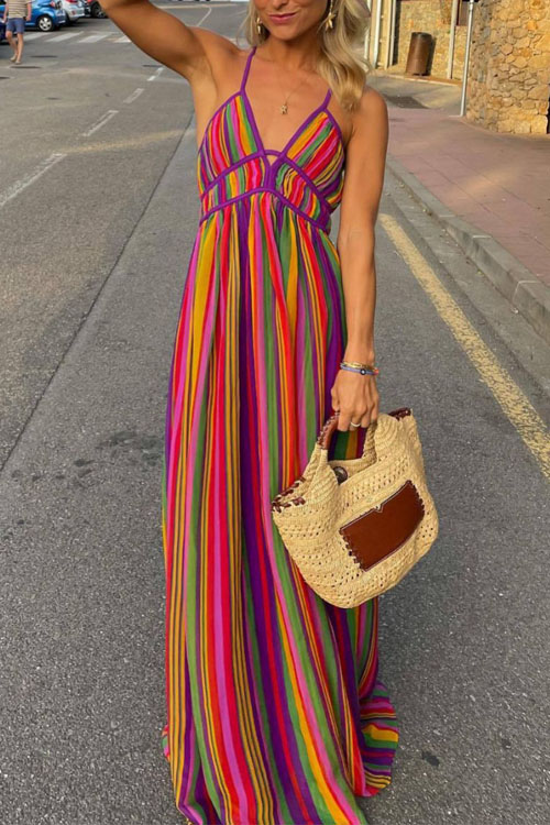 Kathiadress Rainbow Striped V-neck Dress