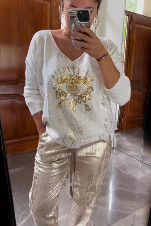 Kathiadress Evil Eye Gold Foil Top & Sparkly Pants Set