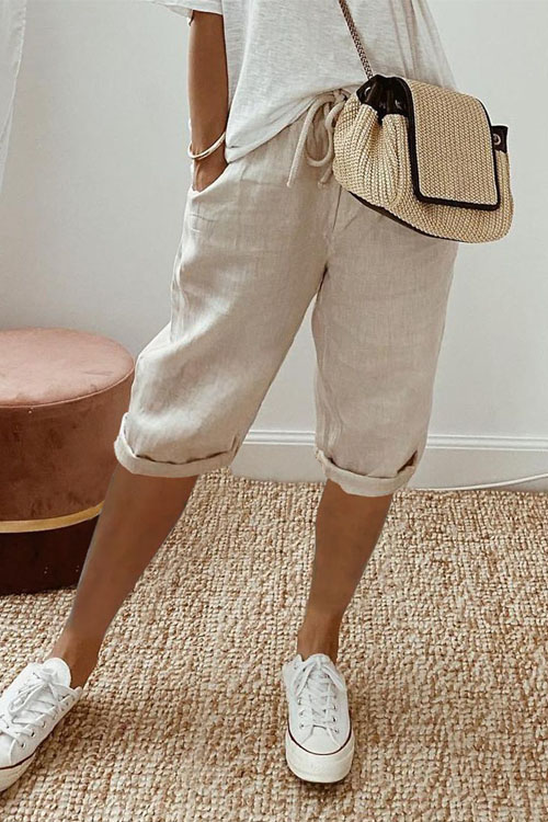 Cotton & Linen Pocket Elastic Waist Knee-length Casual Shorts