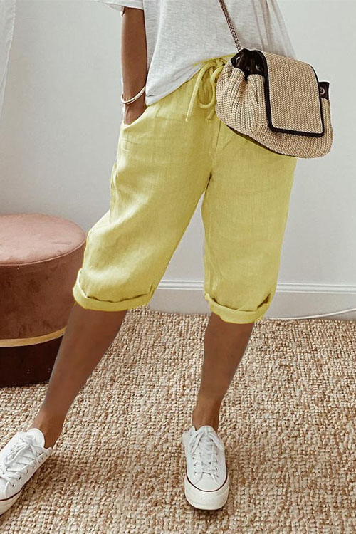 Cotton & Linen Pocket Elastic Waist Knee-length Casual Shorts