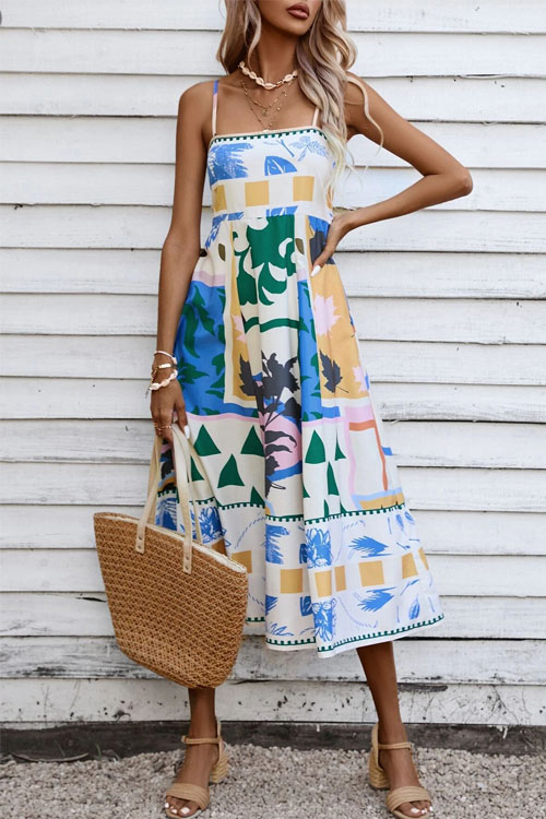 Kathiadress Geometric Pattern Spaghetti Strap Flared Dress