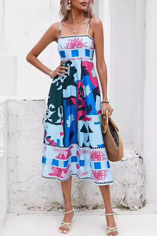 Kathiadress Geometric Pattern Spaghetti Strap Flared Dress
