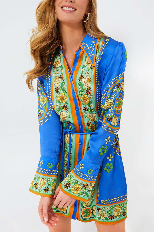 Kathiadress Collared Tie-waist Printed Vacation Dress
