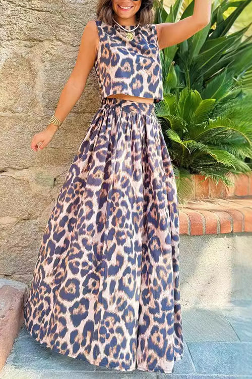 Kathiadress  Casual Leopard Print Top & Skirt Two-Piece Set
