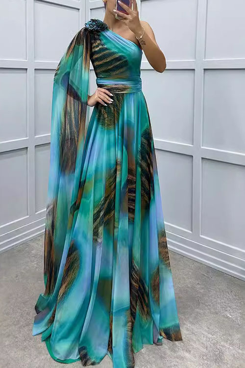 Kathiadress One-Shoulder Chiffon Print Party Dress