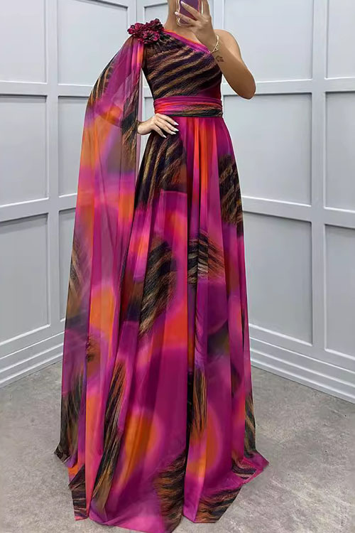 Kathiadress One-Shoulder Chiffon Print Party Dress