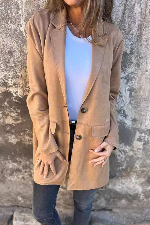 Kathiadress Suede Lapel Long Sleeve Coat