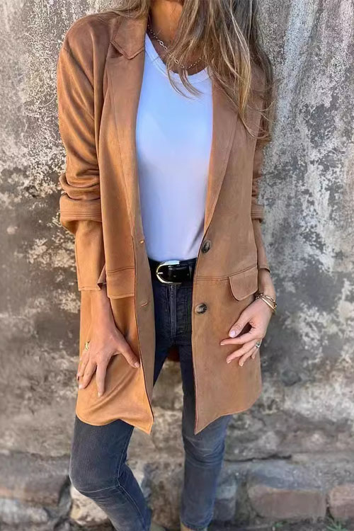 Kathiadress Suede Lapel Long Sleeve Coat