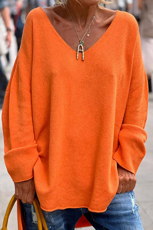 Kathiadress Solid Color V-Neck Long Sleeve Loose Casual Top